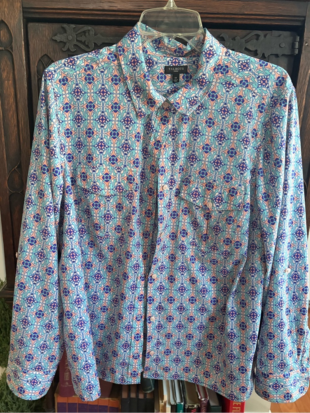 Talbots: 1X, Long-Sleeve Patterned Button-Up blouse  in Blue